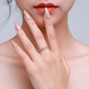 S925 sterling silver double-row pave ring worn on finger, luxury minimalist style