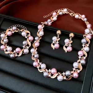 Elegant French vintage rose gold jewelry set with colorful pearls and zircon accents