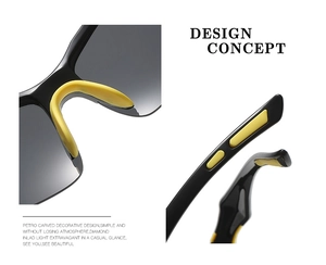 Detail of ergonomic yellow nose pads and non-slip temples on outdoor sport sunglasses