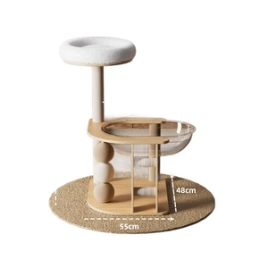 Modern solid wood cat tree with space capsule acrylic bed and sisal scratching posts