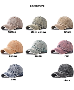 Color display of washed denim baseball caps in eight vintage finishes with cotton texture