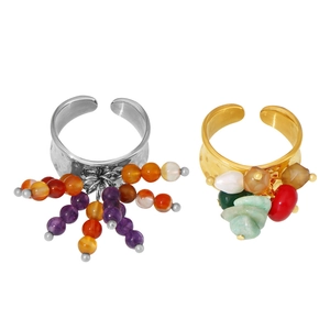 Chic 18k gold plated titanium steel open rings with colorful baroque natural stone beads