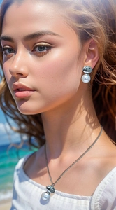 Detail shot of elegant pearl earrings and pendant necklace on a woman at the beach