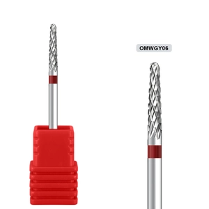 Macro detail of alloy nail drill bit OMWGY06 with red band and cross-cut texture