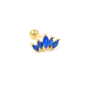 Close-up of golden crown ear stud with blue marquise gemstones on a white background