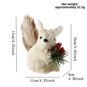 Straw squirrel Christmas ornament holding pine cones and berries, size 11x11x6cm