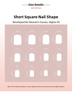 Detailed size chart for short square press-on nails featuring 12 unique dimensions