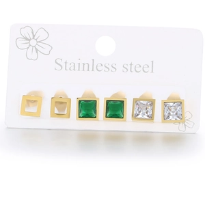 Three-pair set of stainless steel square stud earrings in gold with green and clear gems