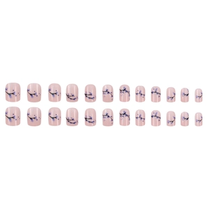 Elegant short square press-on nails with light pink base and blue floral pattern designs