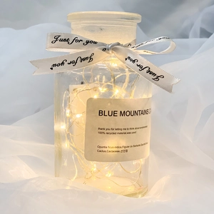 Warm white LED string lights in a decorative glass jar with cork and ribbon detail