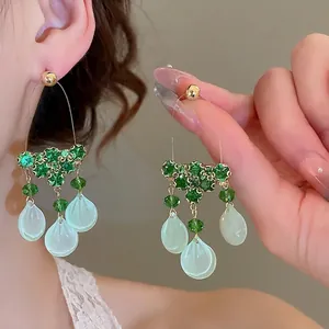 Elegant green petal tassel earrings with zircon and silver pins for a fresh look