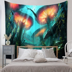 Detail view of bohemian mushroom tapestry with ocean sharks on a bedroom wall