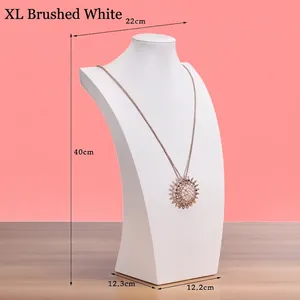 Detailed view of white brushed neck jewelry bust with dimensions 40cm height for necklaces