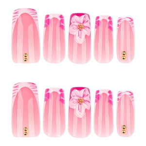 Pink zebra French press-on nails with 3D flowers and gold bead accents in square shape