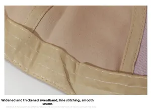 Detailed macro view of the widened cotton sweatband and fine stitching inside beige cap
