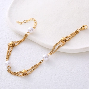 Double-layer 18k gold plated freshwater pearl bracelet with adjustable chain for women