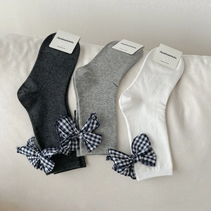 Women Slouch Socks Combed Cotton Breathable Mid-calf With Gingham Plaid Bow Japanese JK Style Retro Sweet