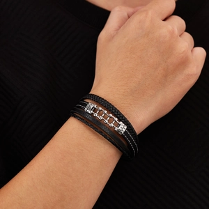 Men's multilayer black braided leather bracelet with stainless steel chain accent