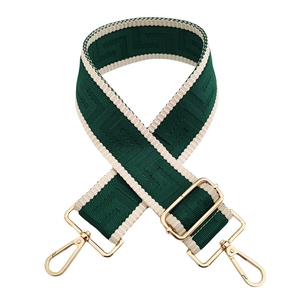 Close-up of a 5cm wide green maze pattern fabric strap with polished metal swivel hooks