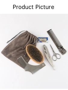 7-piece men's beard grooming kit with wooden brush, metal comb, and steel razor in pouch