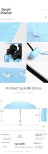 Detail view of compact light blue six-fold sun umbrella with black UV coating and dimensions