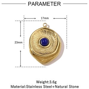 Detailed parameter view of 23mm gold heart pendant with blue natural stone inlay