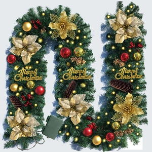 Detailed 9FT Christmas garland with LED lights, pine cones, and red flowers