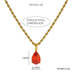 Detail of 18K gold plated stainless steel rope chain with red pear cut zircon pendant