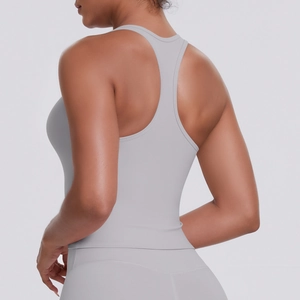 Close-up of racerback design on light gray quick-dry athletic vest for women