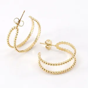 Double Row Beaded C Shape Hoop Earrings 18K Gold Plated Stainless Steel Retro Fashion Jewelry For Women