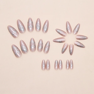 Detail of 24pcs almond press-on nails with purple pearl base and silver flame patterns