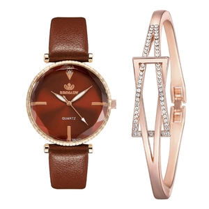 Women's quartz watch with brown leather strap and rose gold diamond-set bracelet set