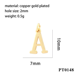 Detailed view of a gold-plated copper letter A pendant with 10mm x 7mm dimensions