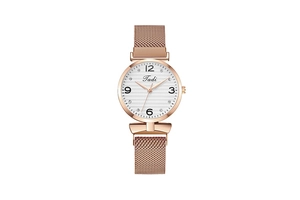 Detail of rose gold Milanese loop strap and white striped dial with crystal markers
