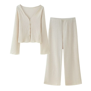 Women's 2-piece cream textured set with V-neck button cardigan and wide-leg pants