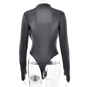 Rear view of black long-sleeve bodysuit with high collar on transparent mannequin