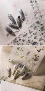 Detail of 3D embossed butterfly nail stickers with elegant Chinese ink wash flower art