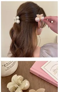 Detail of French style pearl bow hair clips shown on model and still life scene