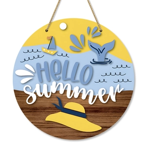 Round wooden Hello Summer door sign with ocean waves, sailboat, and sun beach motif