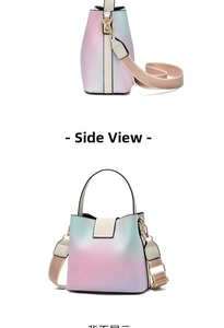 Detail view of macaron gradient bucket bag with side and back perspectives and gold hardware