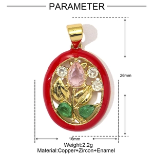 Detail view of 26mm x 16mm floral pendant with pink zircon and red enamel border