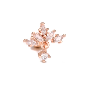 Macro shot of rose gold flower cartilage stud featuring sparkling marquise cut zircons