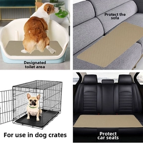 Washable dog pee pad shown in four scenarios including sofa and car seat protection