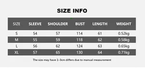 Detailed size chart for vintage leather biker jacket showing dimensions from S to XL