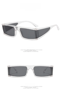 Detailed side and front views of rectangular transparent white sunglasses with grey lenses