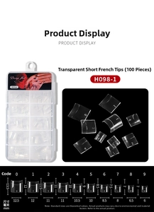 Size chart showing width and height dimensions for different nail tip sizes 0 to 9