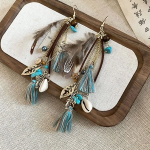 Detail of Bohemian long earrings with feathers, turquoise beads, and cotton tassels