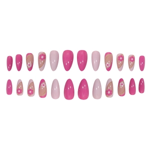 Pink almond fake nails set with delicate floral patterns and golden glitter accents