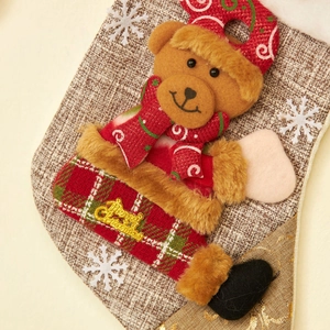 Linen Christmas stocking with 3D teddy bear, snowflakes, and Merry Christmas sign