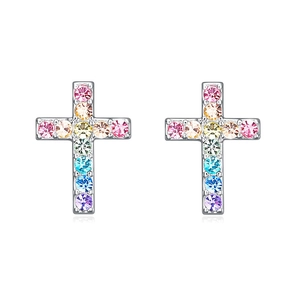 S925 sterling silver cross stud earrings with colorful cubic zirconia stones in silver